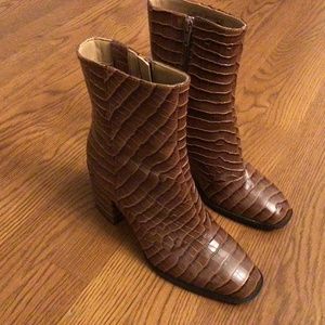 Vionic Brown Croc-Embossed Leather Block Heel Ankle Boots